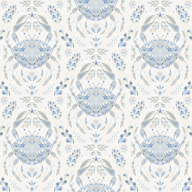 Shellby Blue Peel & Stick Wallpaper with Coastal Crab Damask - NuWallpaper NUS4447