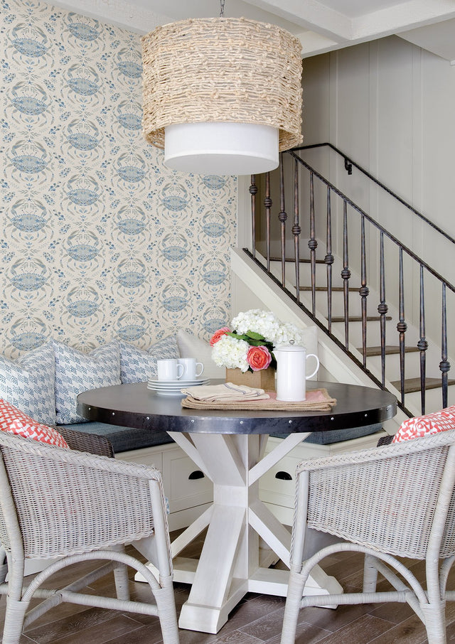 Shellby Blue Peel & Stick Wallpaper with Coastal Crab Damask - NuWallpaper NUS4447