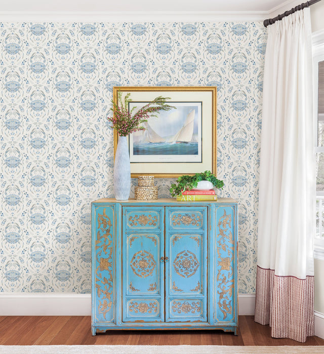 Shellby Blue Peel & Stick Wallpaper with Coastal Crab Damask - NuWallpaper NUS4447