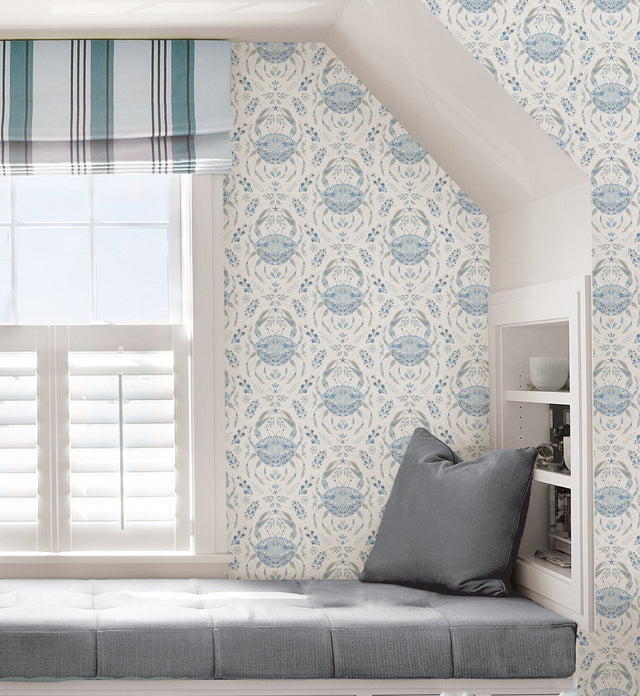 Shellby Blue Peel & Stick Wallpaper with Coastal Crab Damask - NuWallpaper NUS4447