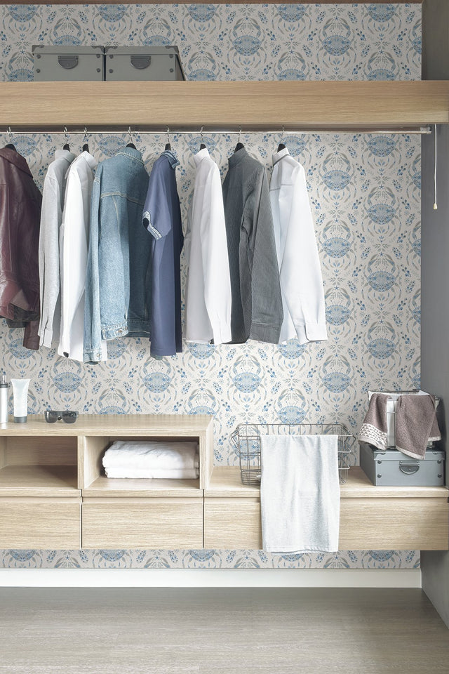 Shellby Blue Peel & Stick Wallpaper with Coastal Crab Damask - NuWallpaper NUS4447