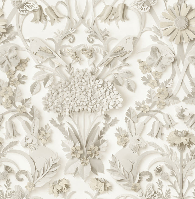 Eloise Taupe Peel & Stick Wallpaper with Vintage Damask Rabbits & Birds Pattern - NuWallpaper NUS4467