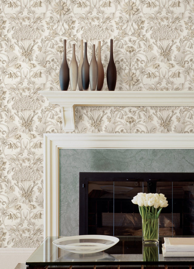 Eloise Taupe Peel & Stick Wallpaper with Vintage Damask Rabbits & Birds Pattern - NuWallpaper NUS4467