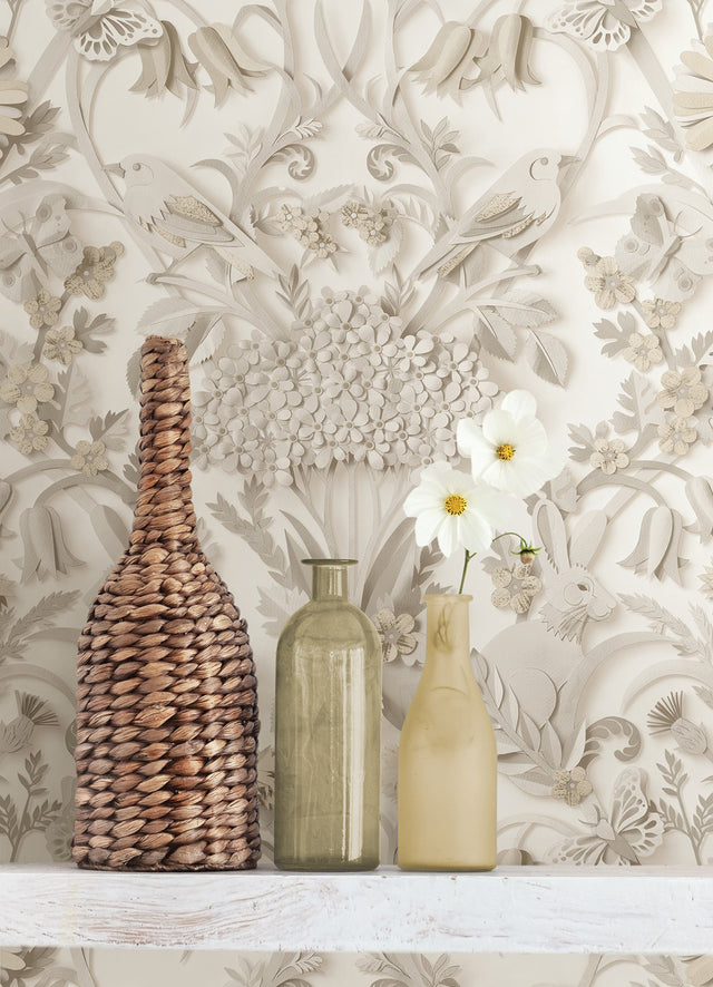 Eloise Taupe Peel & Stick Wallpaper with Vintage Damask Rabbits & Birds Pattern - NuWallpaper NUS4467