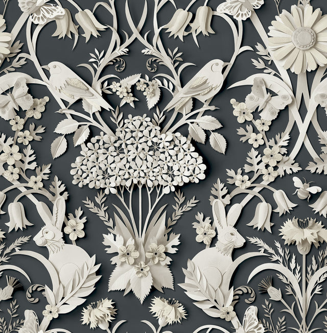 Eloise Charcoal Peel & Stick Wallpaper with Vintage Damask Animals Pattern - NuWallpaper NUS4468