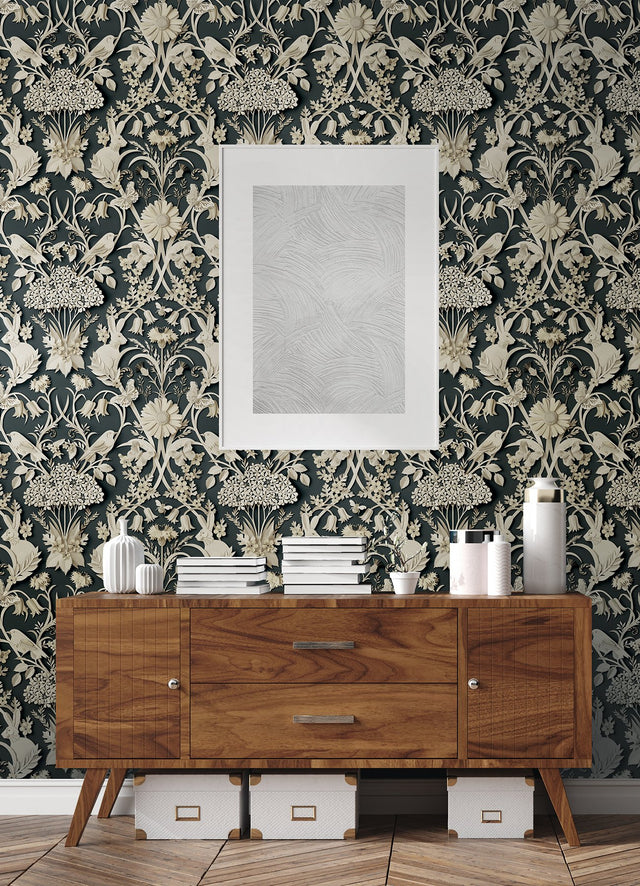 Eloise Charcoal Peel & Stick Wallpaper with Vintage Damask Animals Pattern - NuWallpaper NUS4468