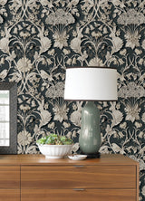 Eloise Charcoal Peel & Stick Wallpaper with Vintage Damask Animals Pattern - NuWallpaper NUS4468