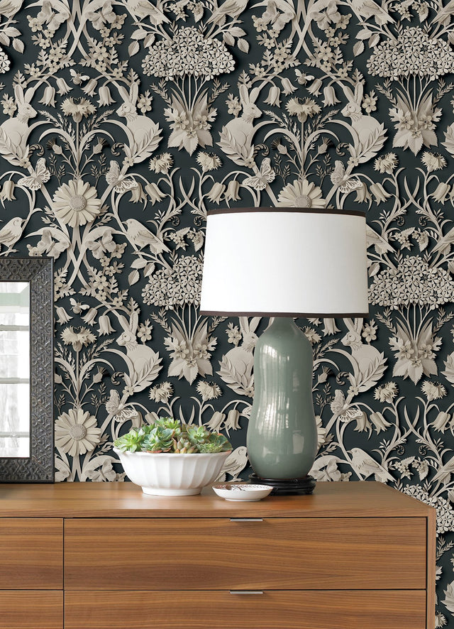 Eloise Charcoal Peel & Stick Wallpaper with Vintage Damask Animals Pattern - NuWallpaper NUS4468
