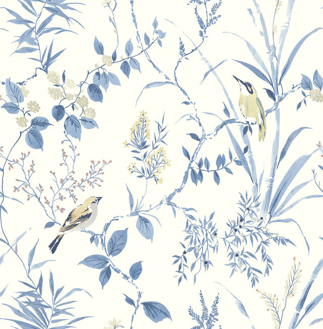 Songbird Blue Peel & Stick Wallpaper with Botanical Leaves Pattern - NuWallpaper NUS4469