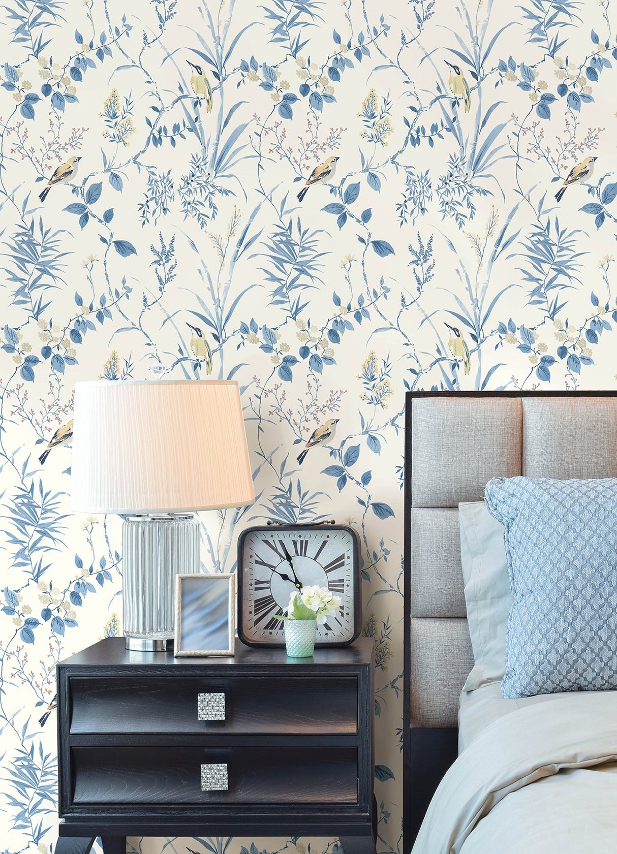 Songbird Blue Peel & Stick Wallpaper with Botanical Leaves Pattern - NuWallpaper NUS4469