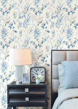Songbird Blue Peel & Stick Wallpaper with Botanical Leaves Pattern - NuWallpaper NUS4469