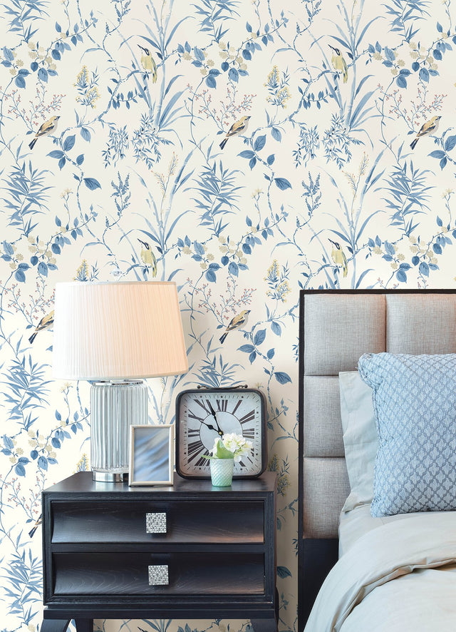 Songbird Blue Peel & Stick Wallpaper with Botanical Leaves Pattern - NuWallpaper NUS4469