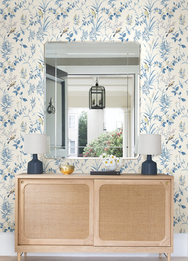 Songbird Blue Peel & Stick Wallpaper with Botanical Leaves Pattern - NuWallpaper NUS4469