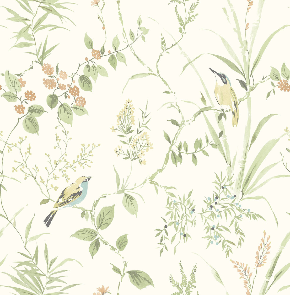 Songbird Sage Peel & Stick Wallpaper with Botanical Chinoiserie Bird Motif - NuWallpaper NUS4470