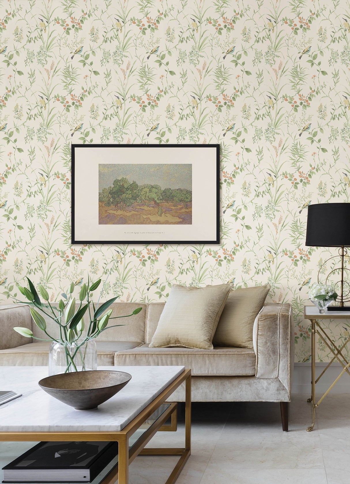 Songbird Sage Peel & Stick Wallpaper with Botanical Chinoiserie Bird Motif - NuWallpaper NUS4470