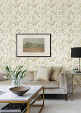 Songbird Sage Peel & Stick Wallpaper with Botanical Chinoiserie Bird Motif - NuWallpaper NUS4470