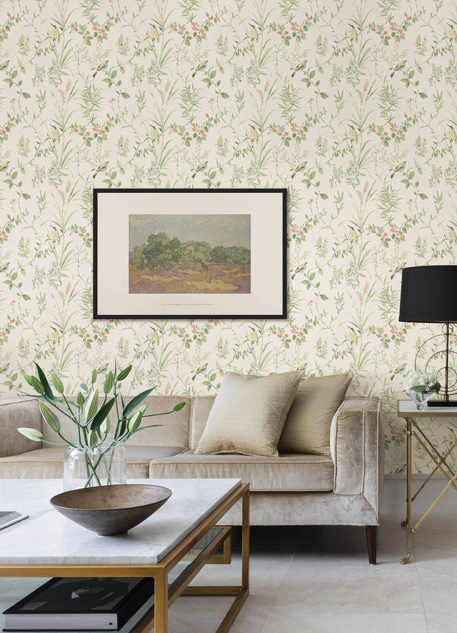 Songbird Sage Peel & Stick Wallpaper with Botanical Chinoiserie Bird Motif - NuWallpaper NUS4470