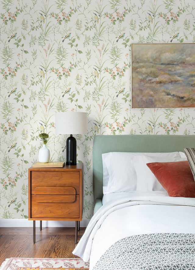 Songbird Sage Peel & Stick Wallpaper with Botanical Chinoiserie Bird Motif - NuWallpaper NUS4470