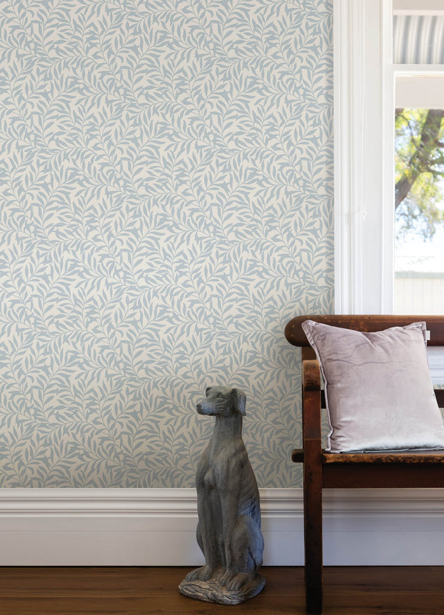 Wisley Blue Peel & Stick Wallpaper with Botanical Leaves Pattern, Traditional Style - NuWallpaper NUS4476