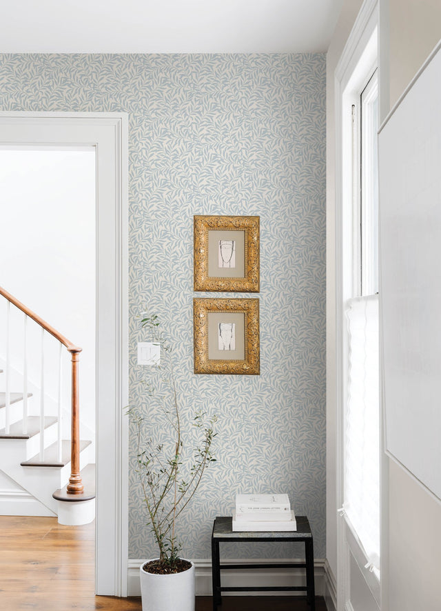Wisley Blue Peel & Stick Wallpaper with Botanical Leaves Pattern, Traditional Style - NuWallpaper NUS4476