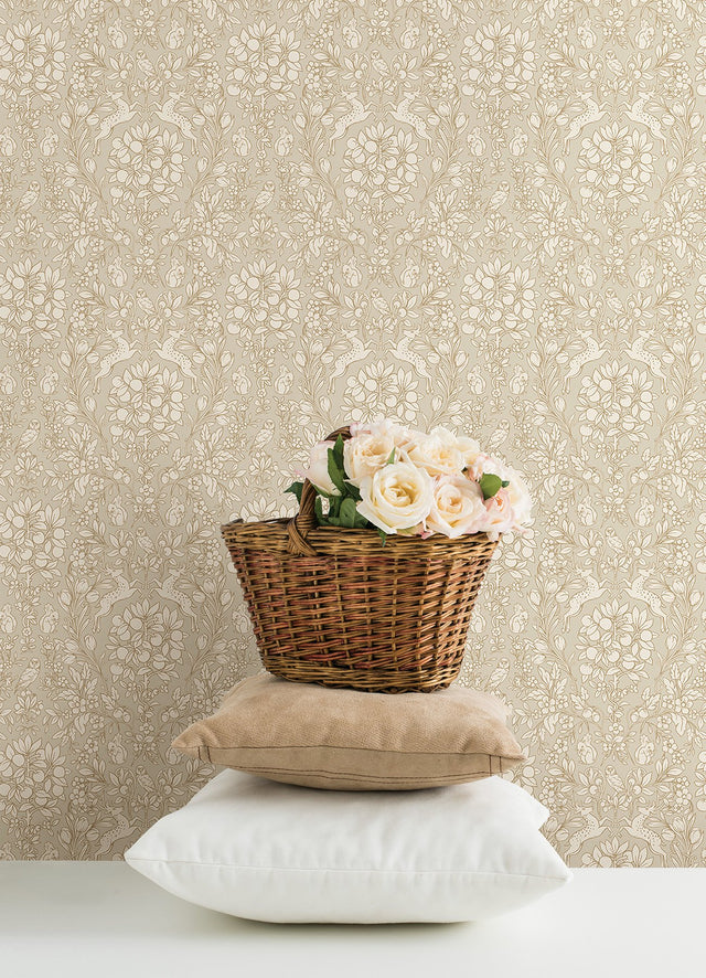 Enchanted Taupe Peel & Stick Wallpaper with Woodland Damask Pattern - NuWallpaper NUS4478