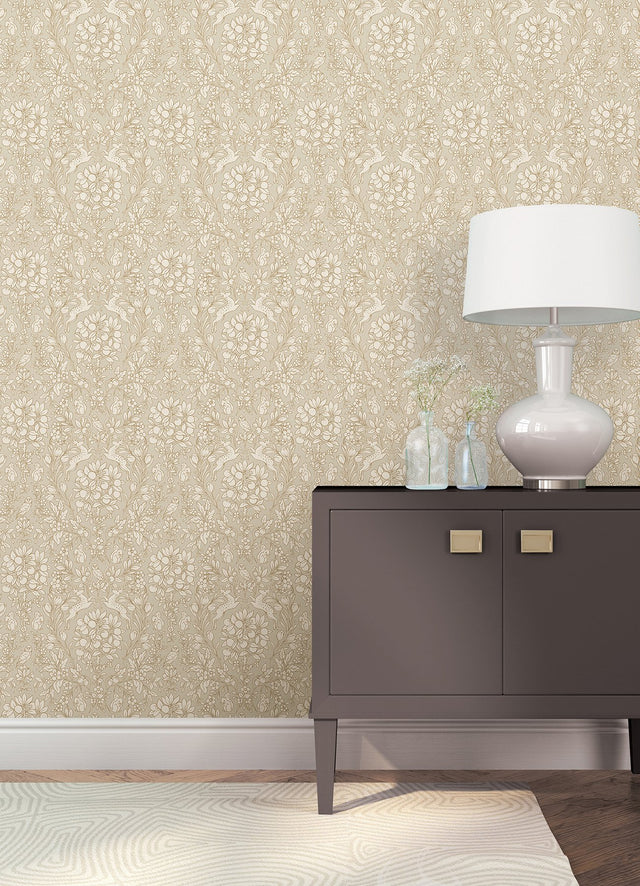 Enchanted Taupe Peel & Stick Wallpaper with Woodland Damask Pattern - NuWallpaper NUS4478