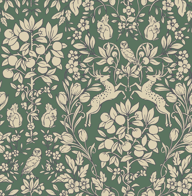 Enchanted Emerald Peel & Stick Wallpaper with Scandinavian Woodland Damask - NuWallpaper NUS4480
