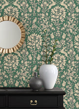 Enchanted Emerald Peel & Stick Wallpaper with Scandinavian Woodland Damask - NuWallpaper NUS4480