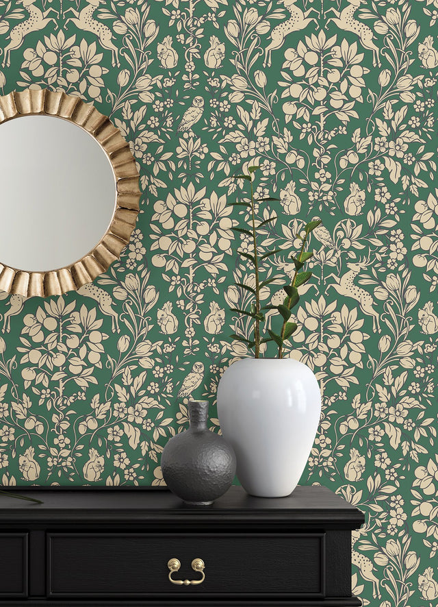Enchanted Emerald Peel & Stick Wallpaper with Scandinavian Woodland Damask - NuWallpaper NUS4480
