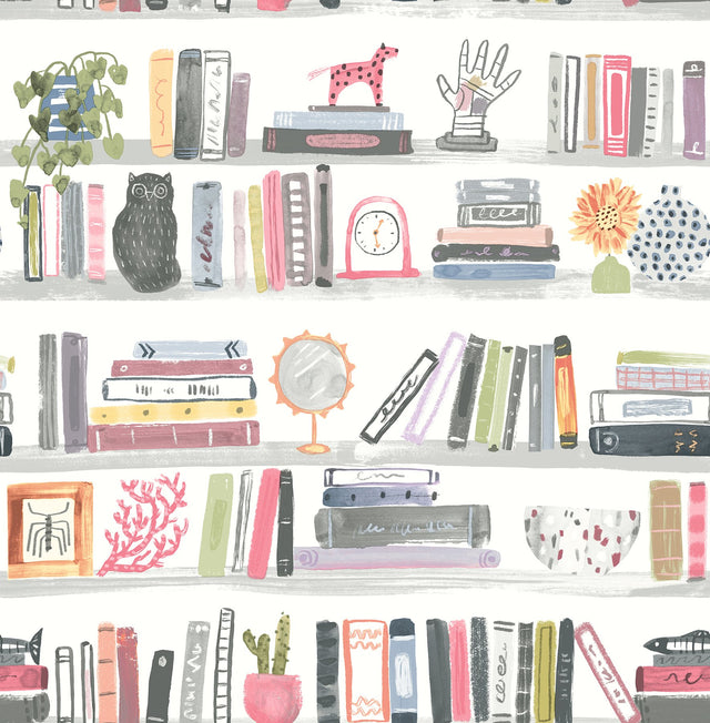 Painterly Pink Shelf Stories Novelty Peel & Stick Wallpaper with Whimsical Bookshelf Motif - NuWallpaper NUS4535