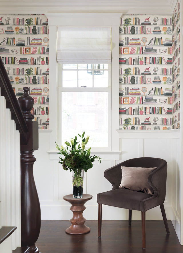 Painterly Pink Shelf Stories Novelty Peel & Stick Wallpaper with Whimsical Bookshelf Motif - NuWallpaper NUS4535
