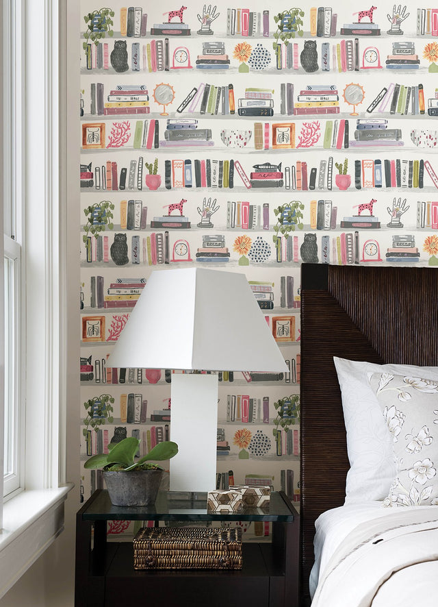 Painterly Pink Shelf Stories Novelty Peel & Stick Wallpaper with Whimsical Bookshelf Motif - NuWallpaper NUS4535