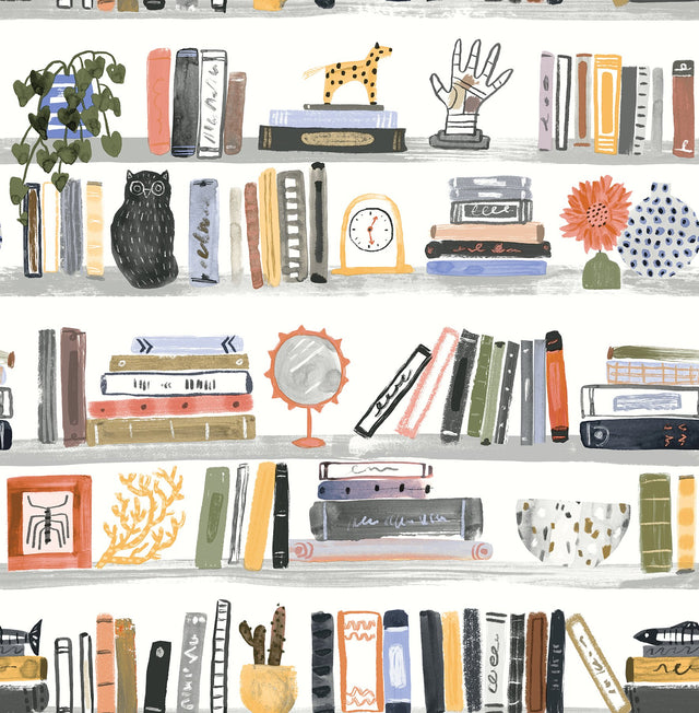 Painterly Yellow Shelf Stories Novelty Peel & Stick Wallpaper with Watercolor Bookshelf Motif - NuWallpaper NUS4536