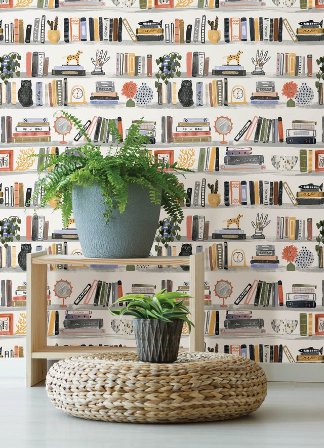Painterly Yellow Shelf Stories Novelty Peel & Stick Wallpaper with Watercolor Bookshelf Motif - NuWallpaper NUS4536