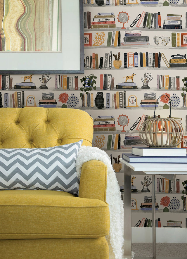 Painterly Yellow Shelf Stories Novelty Peel & Stick Wallpaper with Watercolor Bookshelf Motif - NuWallpaper NUS4536