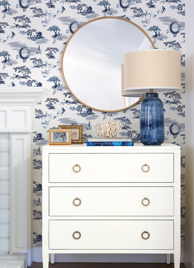 Whimsy Fairytale Toille Navy Peel & Stick Wallpaper with Whimsical Toile Novelty Pattern - NuWallpaper NUS4550