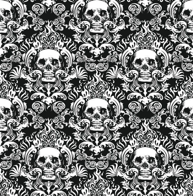 Skulls Black Fieri Novelty Peel & Stick Wallpaper with Skull Damask Pattern - NuWallpaper NUS4551