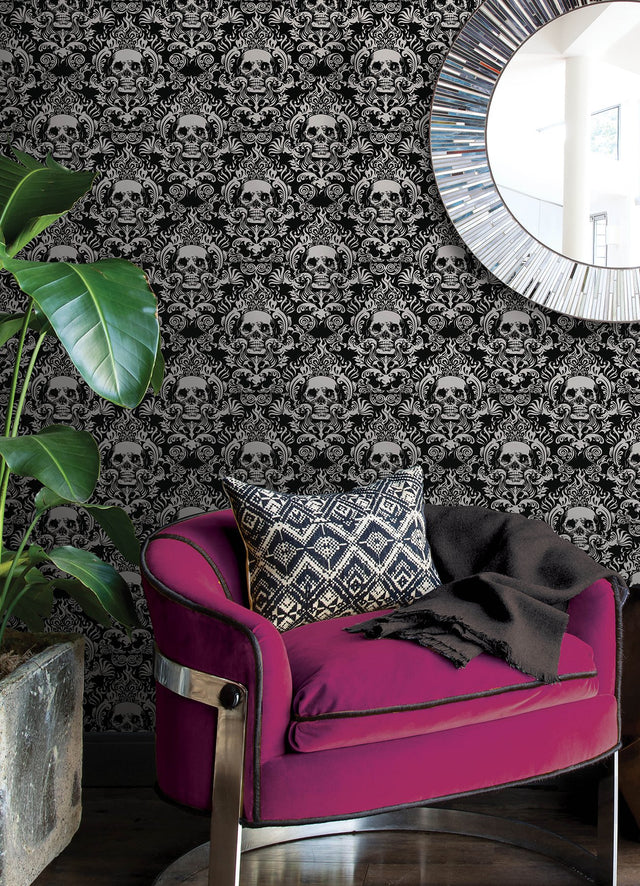 Skulls Black Fieri Novelty Peel & Stick Wallpaper with Skull Damask Pattern - NuWallpaper NUS4551