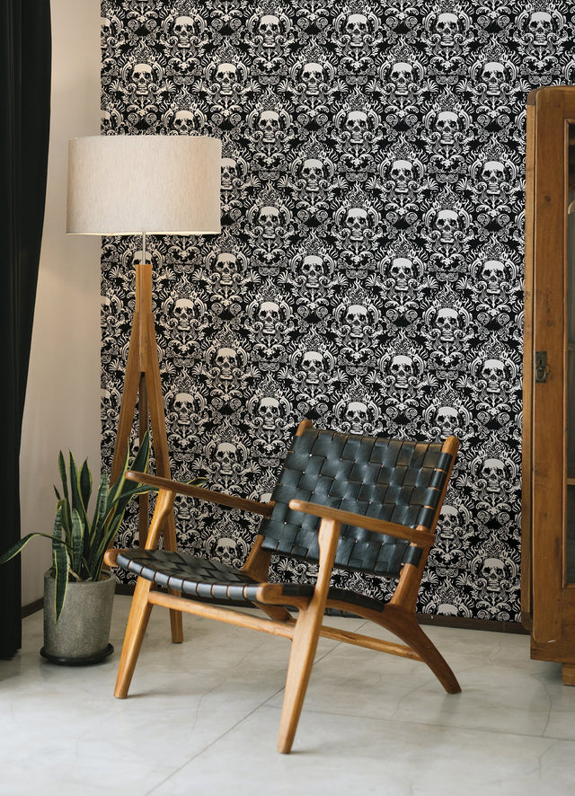 Skulls Black Fieri Novelty Peel & Stick Wallpaper with Skull Damask Pattern - NuWallpaper NUS4551