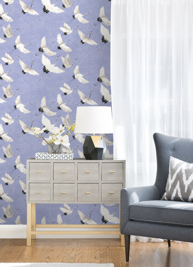 Halcyon Birds Hydrangea Peel & Stick Wallpaper with Crane Motif - NuWallpaper NUS4622