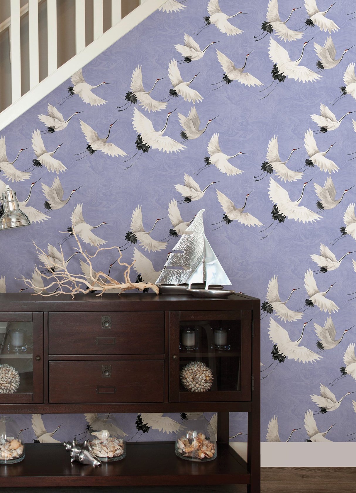 Halcyon Birds Hydrangea Peel & Stick Wallpaper with Crane Motif - NuWallpaper NUS4622