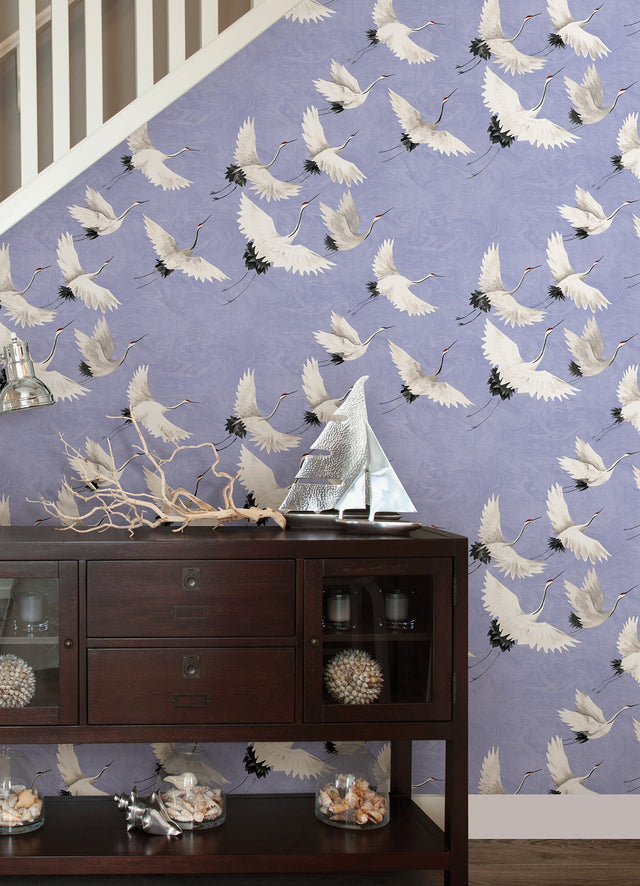 Halcyon Birds Hydrangea Peel & Stick Wallpaper with Crane Motif - NuWallpaper NUS4622