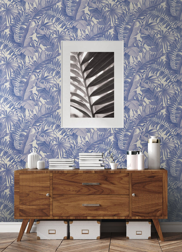 Maui Leaf Periwinkle Peel & Stick Wallpaper with Tropical Botanical Leaves Pattern - NuWallpaper NUS4623