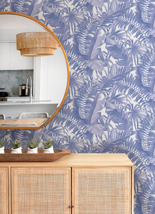 Maui Leaf Periwinkle Peel & Stick Wallpaper with Tropical Botanical Leaves Pattern - NuWallpaper NUS4623