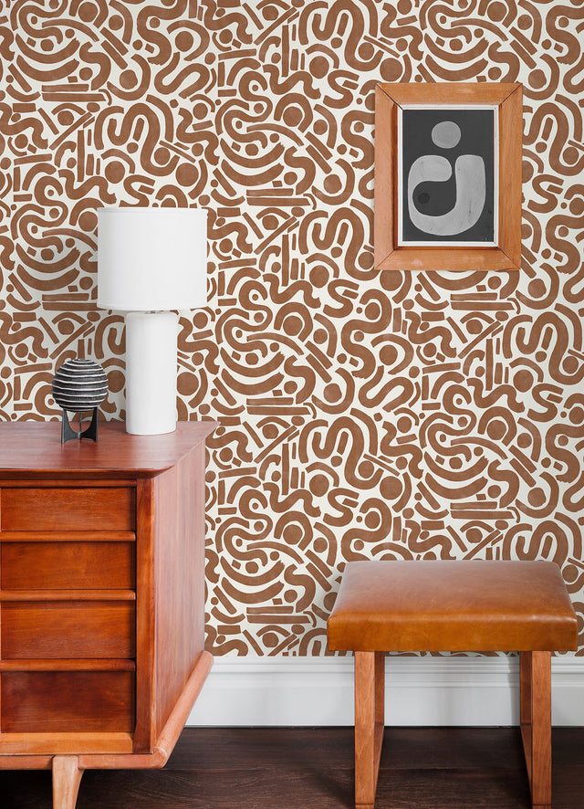 Edie Terracotta Geometric Peel & Stick Wallpaper with Bohemian Abstract Motif - NuWallpaper NUS4635