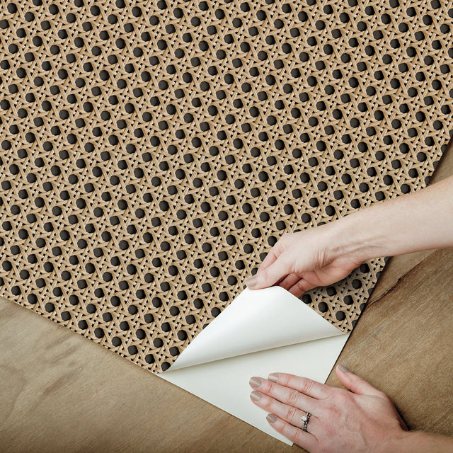Rattan Caning Honey Peel & Stick Wallpaper with Modern Graphic Woven Motif - NUS4844