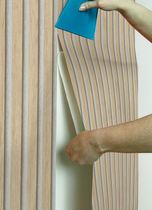 Slat Wood Natural Peel & Stick Wallpaper with Modern Wood Slat Pattern - NuWallpaper NUS4845