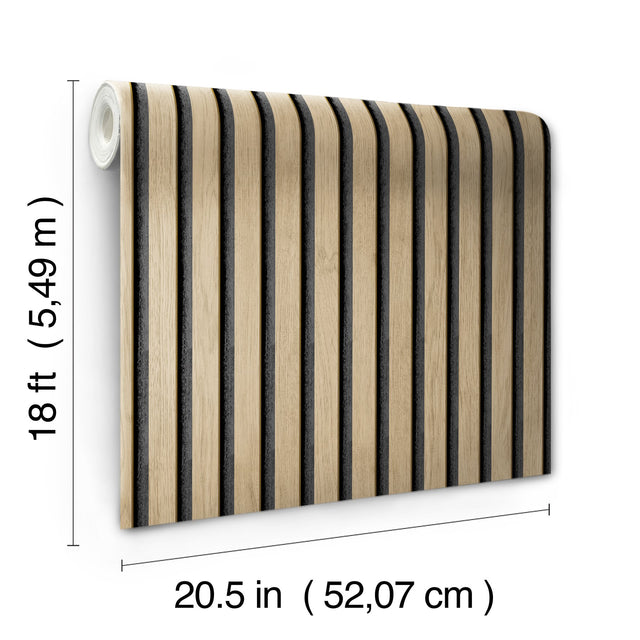 Slat Wood Oak Peel & Stick Wallpaper with Charcoal Wood Slat Motif - NuWallpaper NUS4846