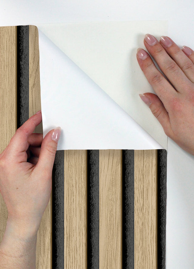 Slat Wood Oak Peel & Stick Wallpaper with Charcoal Wood Slat Motif - NuWallpaper NUS4846