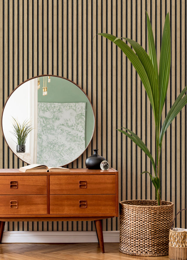 Slat Wood Oak Peel & Stick Wallpaper with Charcoal Wood Slat Motif - NuWallpaper NUS4846